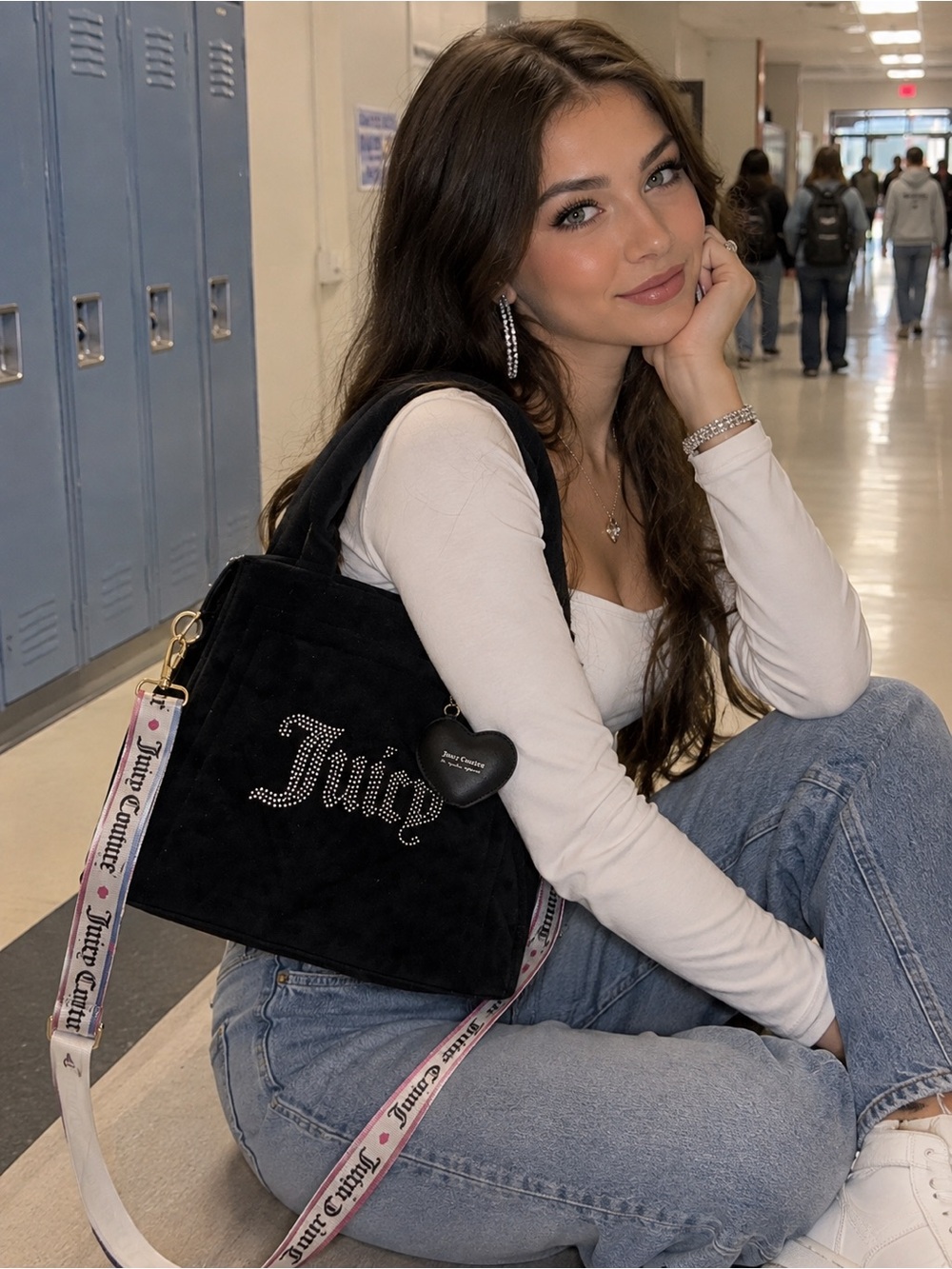 Juicy Couture Black Suede Tote with Rhinestone Logo and Heart Charm